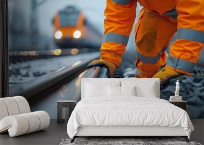 Worker in Orange Suit Maintaining Railway Tracks Wall mural