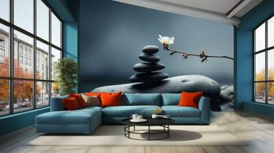 Zen background with stacked stone pebbles in water with dark muted colors Wall mural