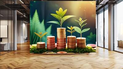 Background for business and finance with stacking of coins and plants growing on top. Savings and Accounts, Finance Banking Business Concept Ideas, Investments, Funds, Bonds, Dividends and Interest. Wall mural