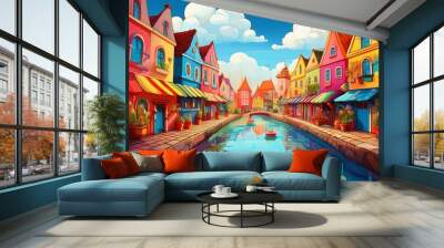 Colorful Cartoon Town With Buildings and Waterway Wall mural