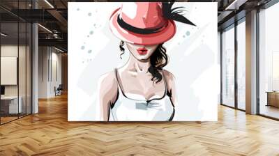 Hand drawn beautiful young woman in red hat. Fashion woman with curly hair. Stylish lady. Sketch. Wall mural