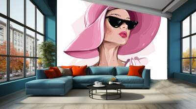 Hand drawn beautiful young woman in sunglasses. Stylish girl in hat. Fashion woman look. Sketch. Vector illustration. Wall mural