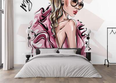 Hand drawn beautiful young woman in sunglasses. Stylish girl in pink dress. Fashion woman look. Sketch. Vector illustration. Wall mural