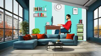 Manager in the office. Vector flat style set: man working in office, sitting at desk, looking at computer screen, office with furniture. Wall mural