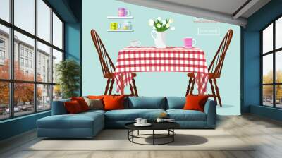 Modern graphic vector concept of dining table with chairs, cups and flowers. Kitchen and cafe interior design. Flat style vector illustration. Table with red and white checked cloth. Wall mural