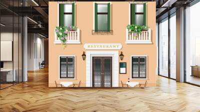 Vintage style restaurant facade. Old-fashioned cafe with tables and chairs. European street with restaurant exterior. Vector illustration. Wall mural