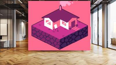 Single House with smoke above chimney, Pink Color Tone, Pixel Art Isometric Illustration Wall mural