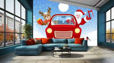 Christmas card with Santa Claus and deer in red vintage car with gift box against winter forest background. New Year design postcard in retro style. Wall mural