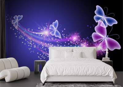 Glowing background with butterflies and stars Wall mural