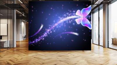 Magic butterfly with fantasy sparkle and blazing trail and glowing stars on night background Wall mural