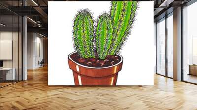 Bright cactus in a pot on a white background. Wall mural