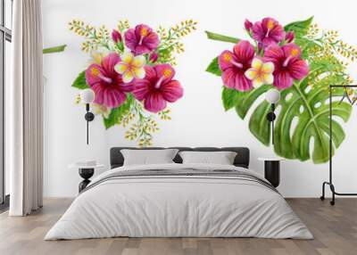 Set tropical bouquets of hibiscus rose, frangipani and greenery of monstera palm leaf and palm fronds. Exotic clipart hand drawn watercolor painting of natural leaves and flowers isolated on white Wall mural