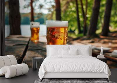 A tranquil lakeside setting with a cold beer on a table, embodying the essence of a peaceful summer vacation Wall mural