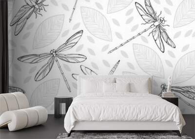 Dragonflies and leaves on a white background. Monochrome seamless vector pattern Wall mural