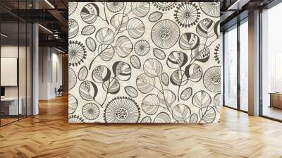 Monochrome seamless pattern of abstract flowers. Wall mural