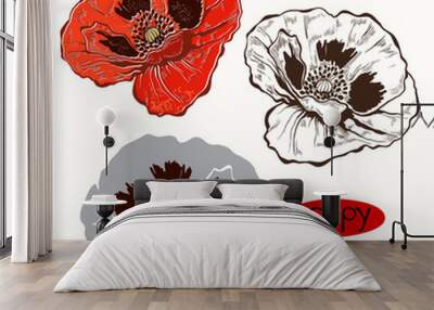 Set of poppy  isolated on white background. Hand drawn vector il Wall mural