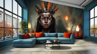 3d illustration of aztec woman warrior with crown of feathers Wall mural