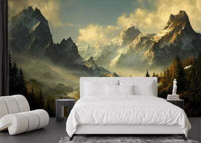 a painting of a mountain range with trees and clouds in the background and a sunbeam in the foreground, 3d render Wall mural