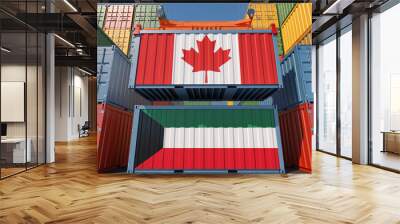 Container Terminal. Two cargo Container with Canada and Kuwait flags. 3D Rendering Wall mural