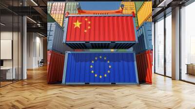 Container Terminal. Two cargo Container with China and European Union flags. 3D Rendering Wall mural