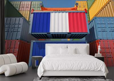 Container Terminal. Two cargo Container with France and European Union flags. 3D Rendering Wall mural