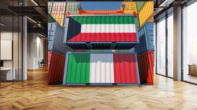 Container Terminal. Two cargo Container with Italy and Kuwait flags. 3D Rendering Wall mural