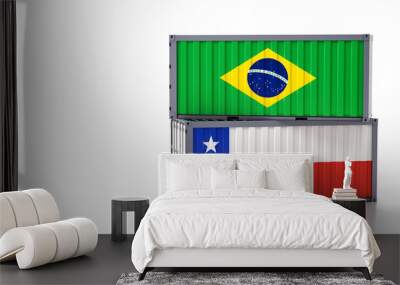 Two freight container with Chile and Brazil national flag. 3d rendering  Wall mural