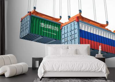 Two freight container with Russia and Saudi Arabia flag - isolated on white. 3D Rendering Wall mural