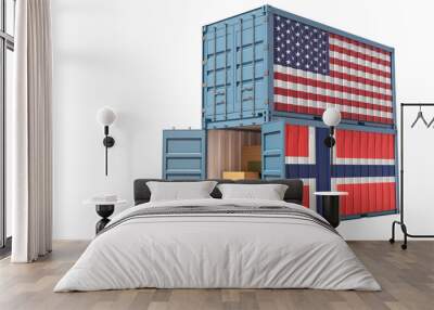 Two freight container with USA and Norway flag. Isolated on white - 3D Rendering Wall mural