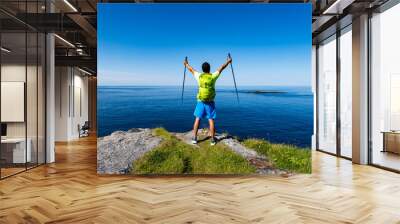 athletic male hiking and holding trekking poles on trail with scenic landscape. outdoors activities and adventure travel concept for active and healthy lifestyle Wall mural