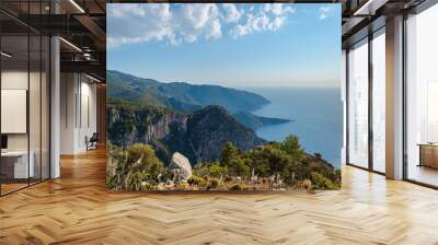 Turkey mountain landscape photo, mediterranean Turkish coast area near Fethiye, taken on Lycian way hiking route with sea. Nature, outdoor, hiking and trekking concept image Wall mural