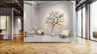 modern white room interior with tree and two white armchairs Wall mural