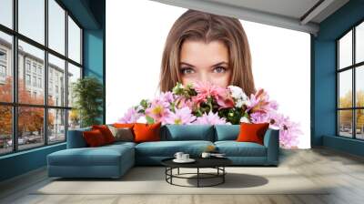 Spring flowers, woman and portrait for bouquet in studio, romantic and floral gift of valentines day. Young model, face and smell of natural plants for fresh scent and present by white background Wall mural