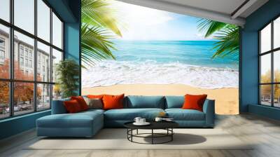  Sunny tropical Caribbean beach with palm trees and turquoise water, island vacation, hot summer day Wall mural