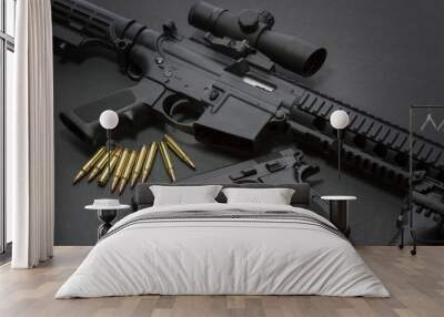 Assault rifle with handgun and ammunition. Military weapon Wall mural