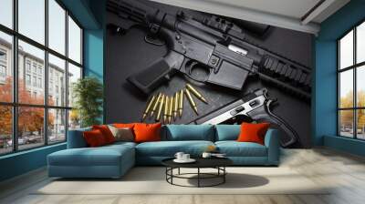 Assault rifle with handgun and ammunition. Military weapon Wall mural