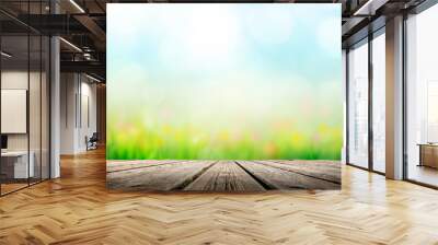 Background with sunny meadow over wooden deck Wall mural