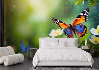 Butterfly on flower in the garden with blurred green sunny background Wall mural