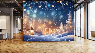 Christmas background with lanterns in snow and glowing lights Wall mural