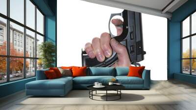 Man's hand holding gun isolated on white background Wall mural