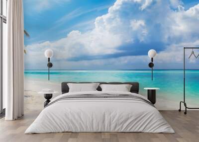 panoramic view of sunny tropical Caribbean beach with palm tree and turquoise water Wall mural