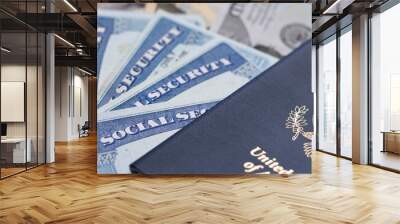 Social security card with US currency. Retirement benefit concept Wall mural