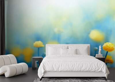 Sunny meadow with yellow flowers, spring blossom background Wall mural