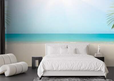 Sunny tropical beach panorama, turquoise Caribbean sea with palm trees Wall mural