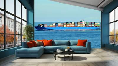 Container ship sailing through Pacific Ocean Wall mural