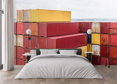 Containers with cargo loaded on deck of the cargo container ship. Wall mural