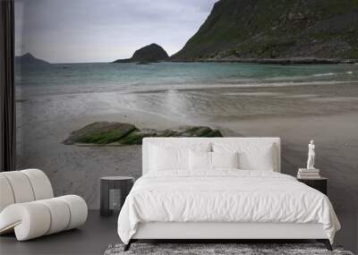 sandy beach in the background of mountains - Uttakleiv (Lofoten) Wall mural