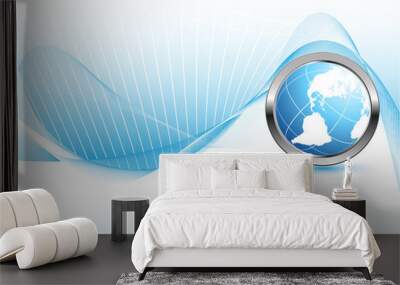 abstract vector wavy lines with globe button. Wall mural