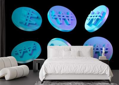 3d coin rendering illustration. coins isolated in different views. set of colorful coins. won coin 3d Wall mural