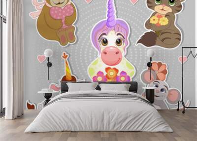 A set of stikers. A cat with flowers, a bear with  heart, a happy bull, a mouse with  flower.Unicorn with flowers.Valentine's Day. Cartoon drawing.  Can be used to print books, magazines, stickers,gre Wall mural